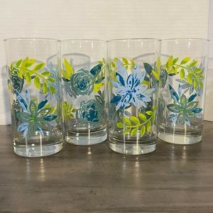 Vintage Mid Century Modern Blue Green Floral Set Of 4 Water Glasses CERA
